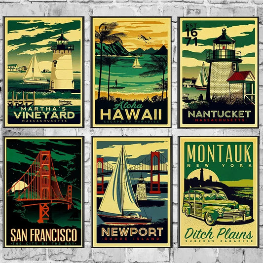 HAWAII/ ARUBA/ BROOKLYN/SAN FRANCISCO Travel Poster Retro Painting DIY Wall Vintage Paper Posters Home Gift Decoration