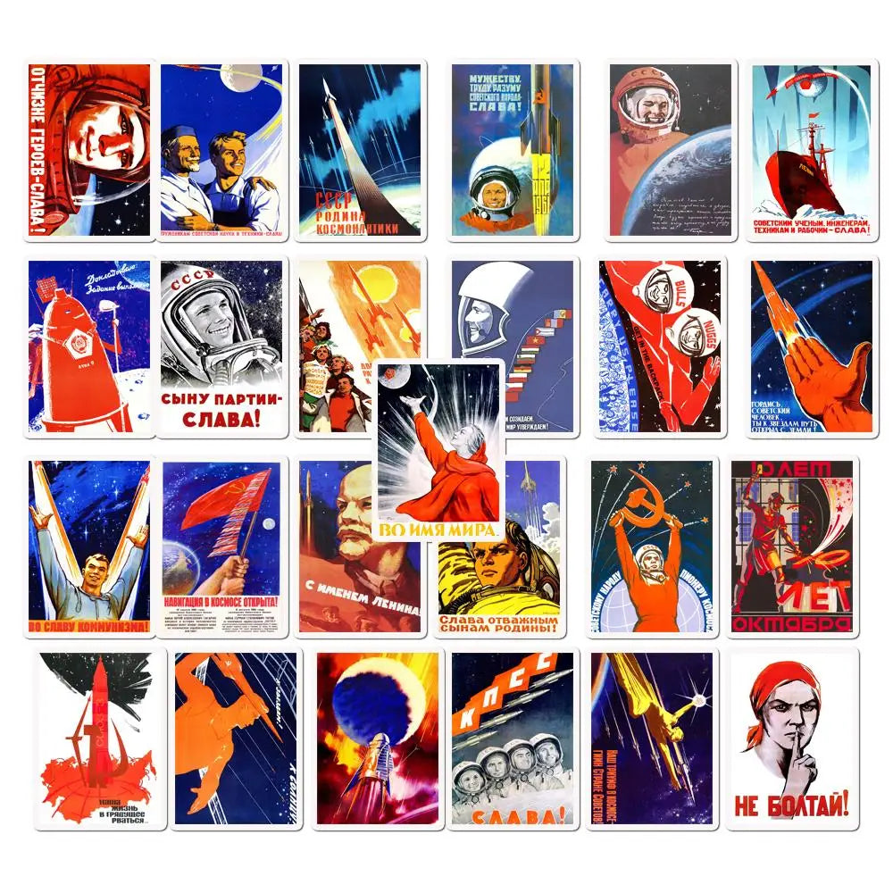 25Pcs Russian Propaganda Poster the Space Race Poster Stickers USSR CCCP Stickers for Collection Laptop Luggage Phone Decals