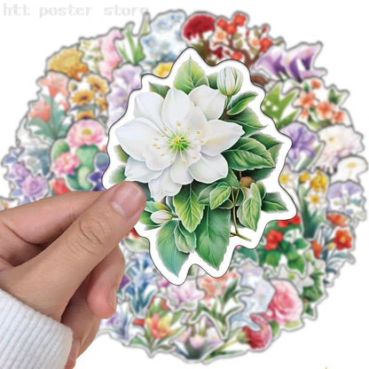 50pcs/bag New Colorful Flower Stickers For Laptops Diaries Suitcases Stationery Items Easy To Tear Off PVC Decals