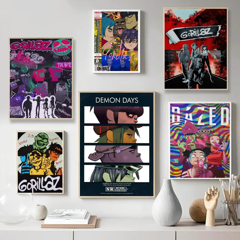 Póster de música retro de Gorillaz de buena calidad, póster de papel Kraft de alta gama, pintura artística para pared, estudio, hogar, sala de estar, imagen decorativa