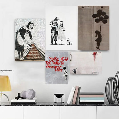 Póster de Banksy blanco con collage de grafitis callejeros y monos, pintura, póster e impresión, arte de pared, imágenes para la decoración del hogar y la sala de estar