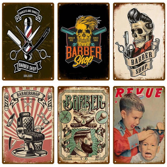 Letrero de hojalata vintage para decoración del hogar, letrero de metal para barbería, cartel retro para barbería, corte de pelo y afeitado de barba, pinturas en hierro, platos artísticos