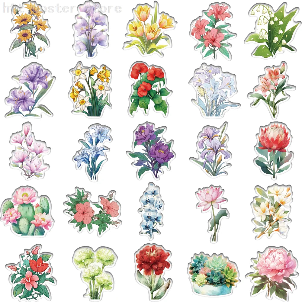 50pcs/bag New Colorful Flower Stickers For Laptops Diaries Suitcases Stationery Items Easy To Tear Off PVC Decals