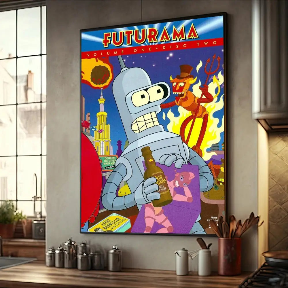 Póster de dibujos animados de F-Futurama, decoración de muebles para el hogar, póster de papel Kraft de alta gama, pintura de pared, estudio, decoración de la sala de estar del hogar