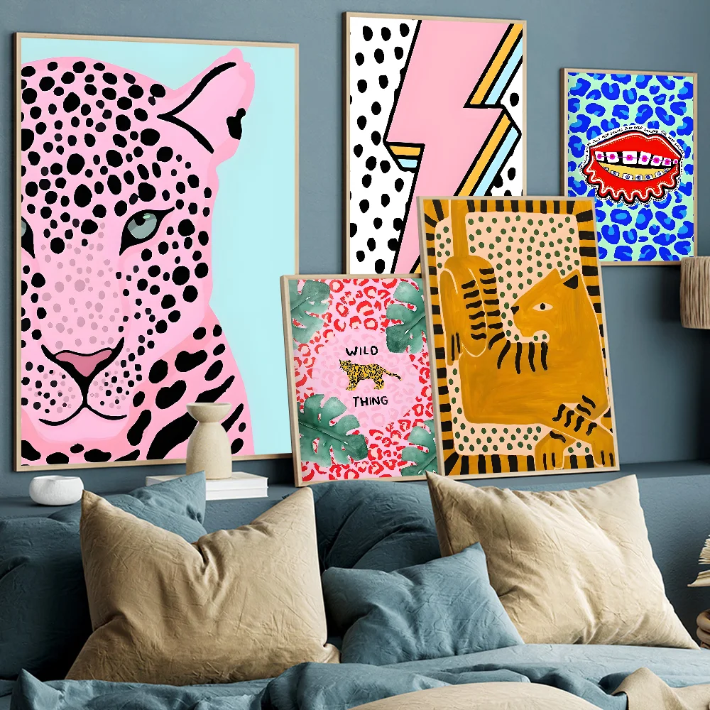 Póster con diseño de leopardo salvaje, tigre, flor, arcoíris, chica con poder, impresiones en papel Kraft, decoración de pared para el hogar, cafetería, bar, pintura estética