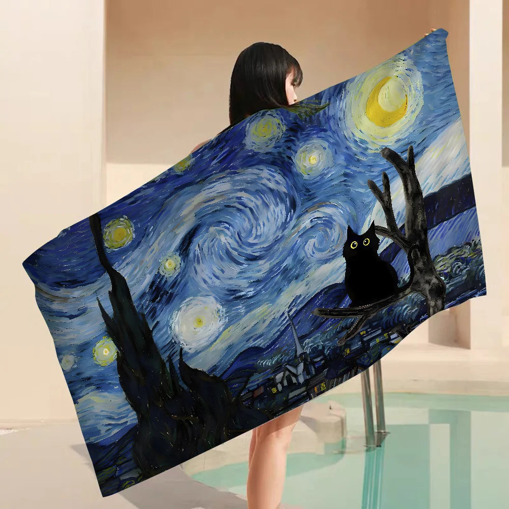 Van gogh black cat Towel Microfiber Beach Towel Absorbent Quick dry Soft Yoga Swimming Resort Mountain Climbing Towel