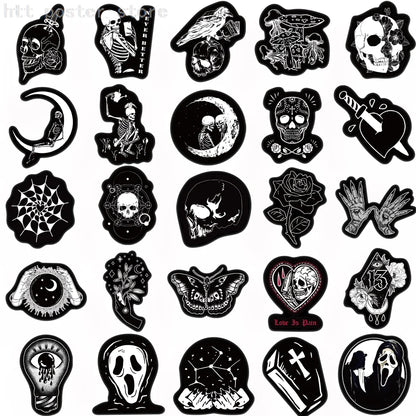 50 pegatinas góticas de Halloween con calaveras aterradoras en blanco y negro para portátil, equipaje, casco, patineta, bricolaje, impermeables