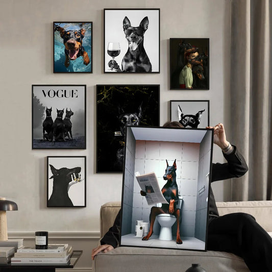 Modern Fashion Black Doberman Dog Whitepaper Poster HD Quality Poster Wall Art Painting Study Room Wall Decor