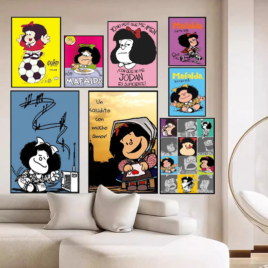 Lindos carteles vintage de dibujos animados de Mafalda, decoración adhesiva vintage para habitación, bar, cafetería, decoración de habitación kawaii