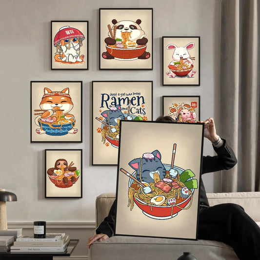 Pop Retro Cute Animals Food Aesthetics Ramen Sushi Panda Cat Rabbit Drink Good Quality Prints and Posters Vintage Room Bar Home