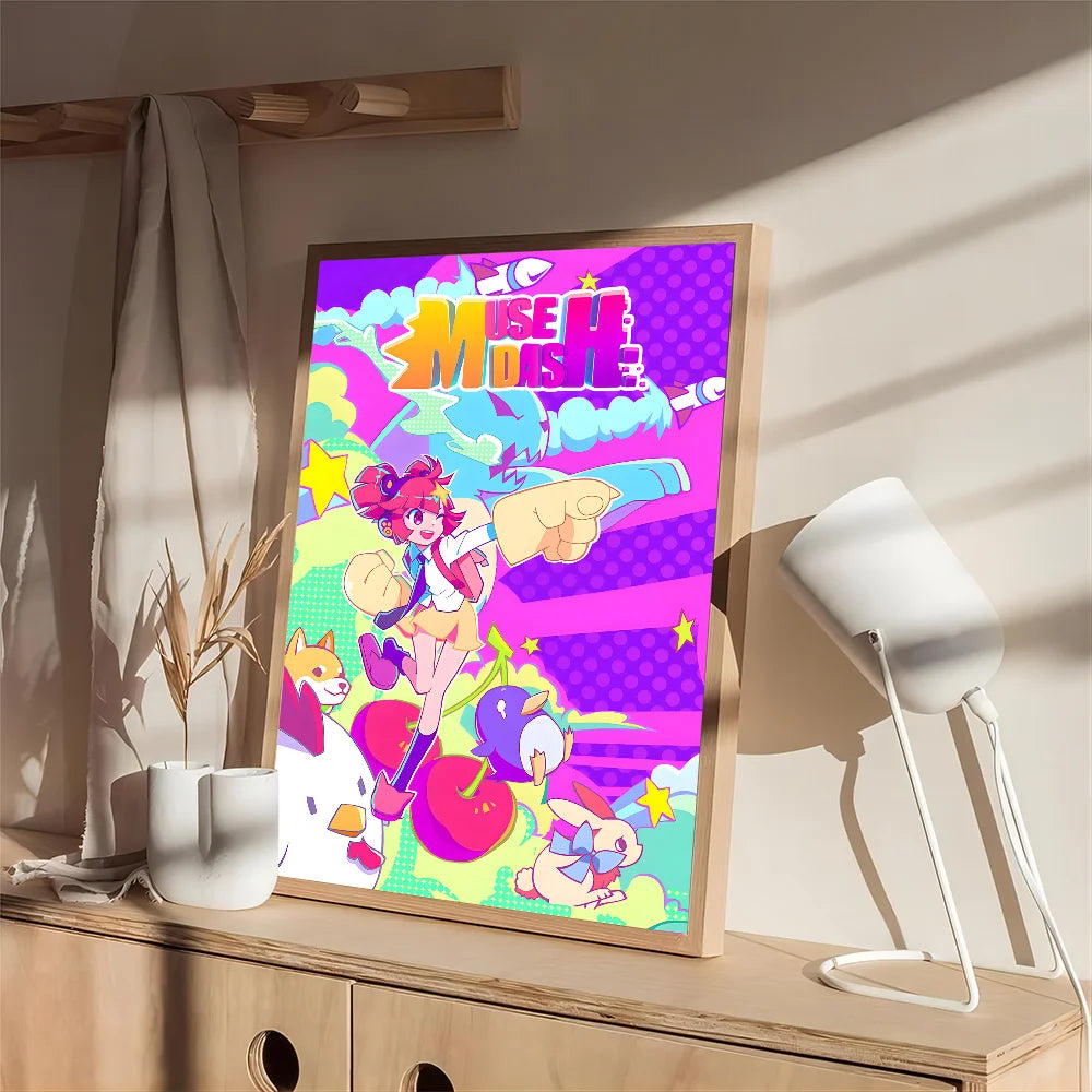 Póster autoadhesivo de arte de chica de anime Muse Dash, papel blanco, pegatina para decoración de pared de bar o cafetería