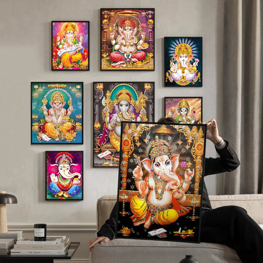 Religión Elefante Dios India Hinduismo Ganesha Carteles clásicos vintage Decoración Pintura Arte de pared Papel Kraft blanco Kawaii