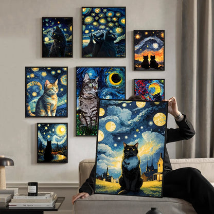 Van Gogh The Starry Night Romantic Black Cat WhitePaper Poster Sticker for Living Room Bar Decorants Aesthetic Art Wall Painting