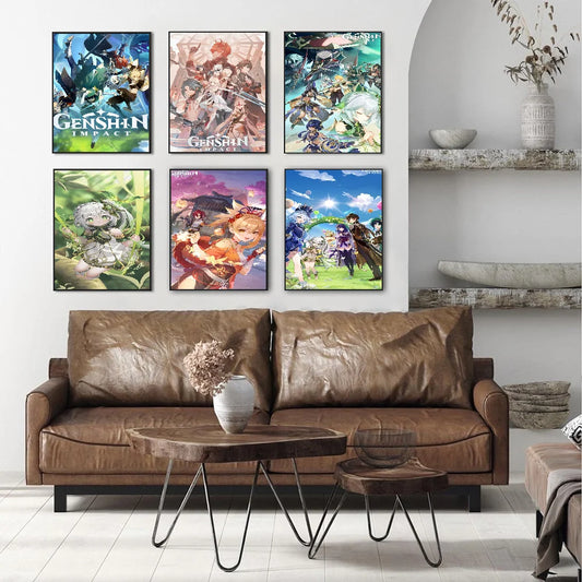 Pósteres de anime del juego Genshin Impact, pósteres adhesivos de calidad HD, arte de pared, pintura, estudio, decoración de pared