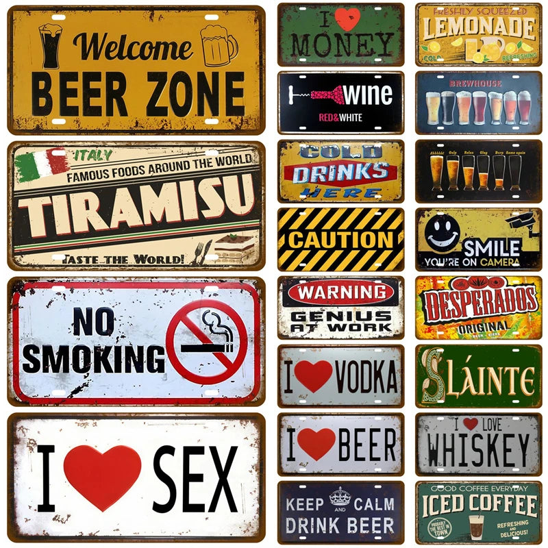 Retro Tin Sign Crafts Car Art Plate Plaques Painting Coffee Zone Metal Sign Cold Beer Sign Home Bar Pub Cafe Wine Wall Decor