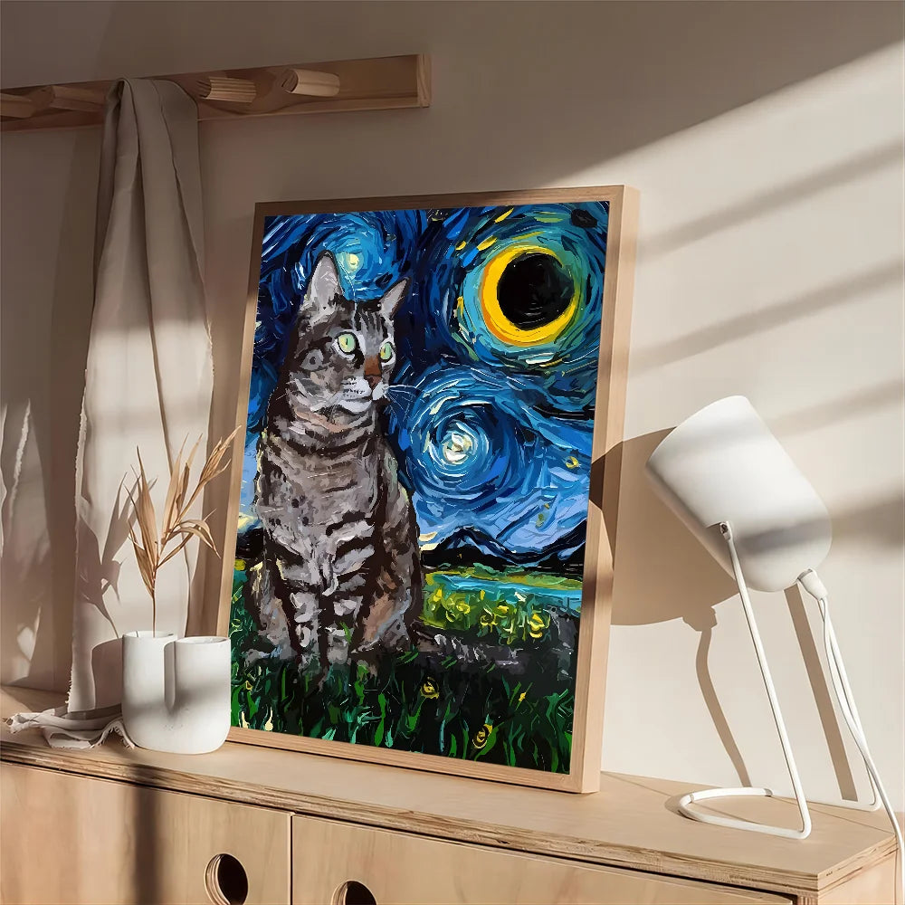 Van Gogh The Starry Night Romantic Black Cat WhitePaper Poster Sticker for Living Room Bar Decorants Aesthetic Art Wall Painting