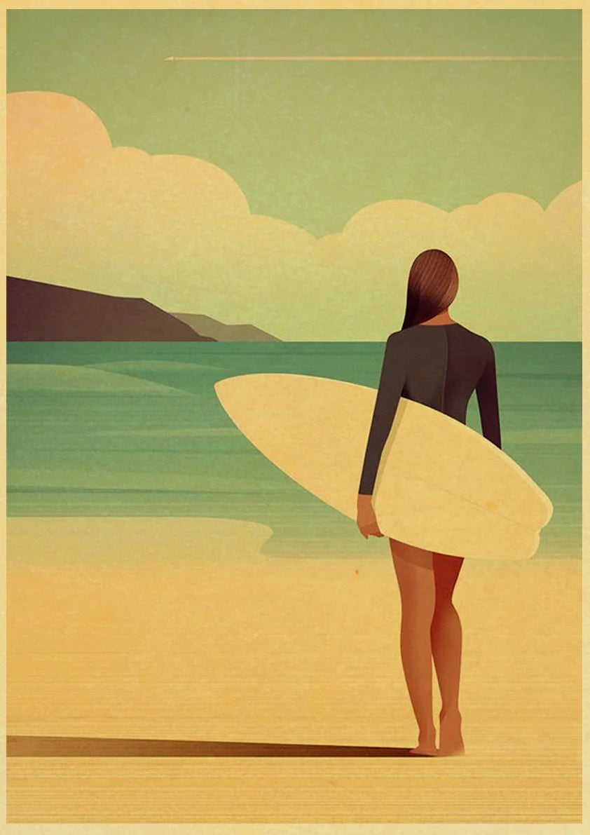 Abstract Beach Man Girl Surf Wave Wall Art Kraft Paper Print Nordic Poster And Landscape Wall Picture living Room Decoration