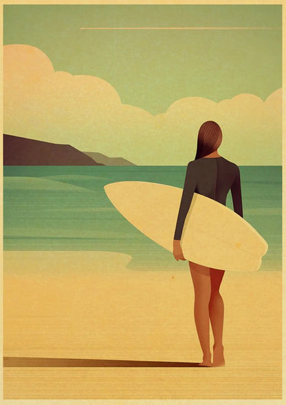 Abstract Beach Man Girl Surf Wave Wall Art Kraft Paper Print Nordic Poster And Landscape Wall Picture living Room Decoration