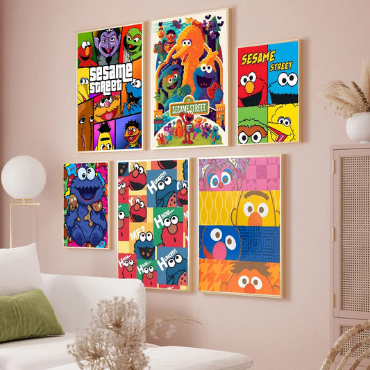 Póster de arte autoadhesivo de anime de galletas de dibujos animados de Sesame Street, impresiones en papel blanco, carteles, obras de arte, arte estético, pintura de pared