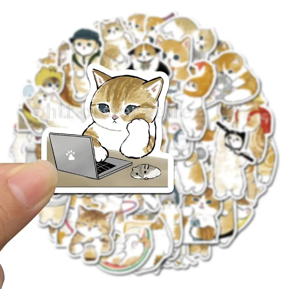 64pcs/lot Cute Cat Decorative Sweet Home Cat Stickers For Decal Snowboard Laptop Luggage Car Fridge Cute PVC Stickers