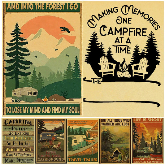 Decor Camping Tour Sign Vintage Kraft Posters Wall Art Decor for Trip Car Home Living Room Unique Gift