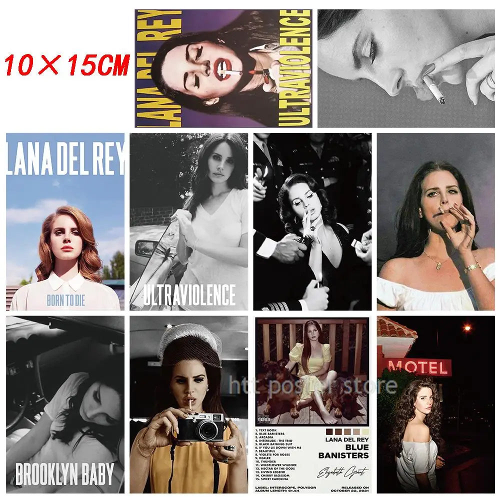 10 piezas de pósteres de Lana Del Rey con forma de tarjeta Born To Die Violet Bent Backwards Over the Grass Paradise Singer, pegatinas de pared para habitación, bar, decoración artística