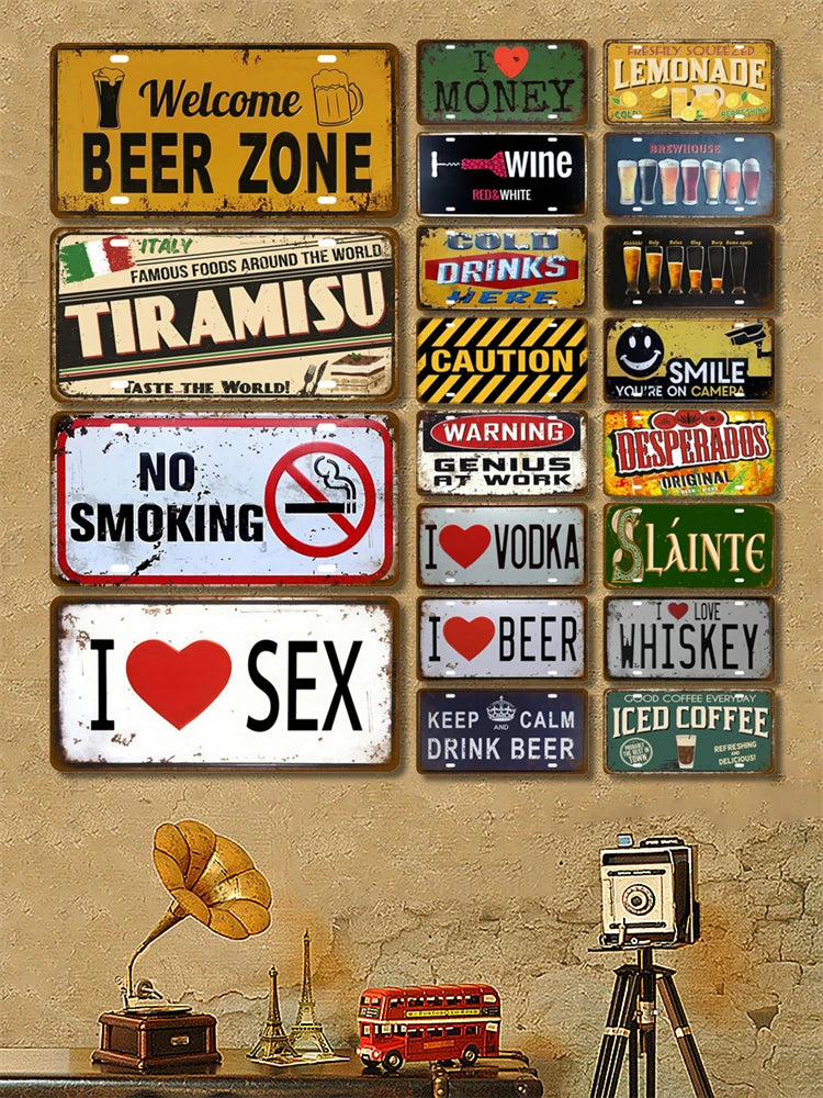 Retro Tin Sign Crafts Car Art Plate Plaques Painting Coffee Zone Metal Sign Cold Beer Sign Home Bar Pub Cafe Wine Wall Decor