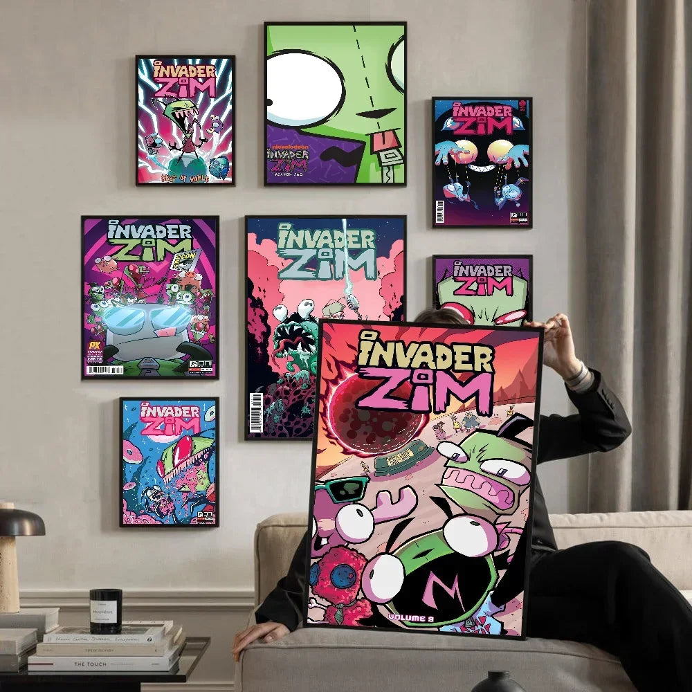 Pósteres de películas clásicas de dibujos animados de I-Invader Z-Zim, papel blanco, pegatinas, bricolaje, habitación, bar, cafetería, arte estético, pintura de pared