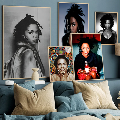 Póster de estrella de música rapera de hip hop pop de Lauryn Hill en blanco y negro, pósteres de anime, pósteres retro de arte de pared de calidad HD pegajosos para el hogar