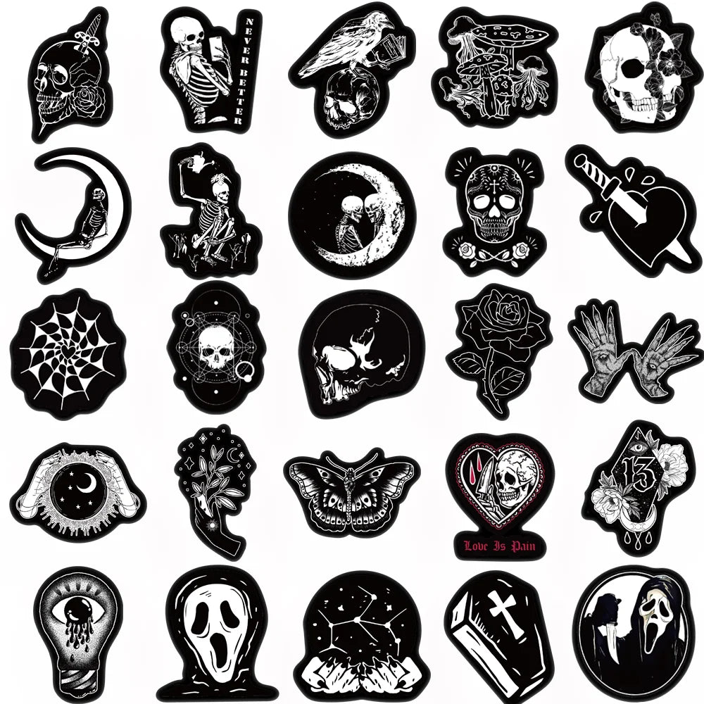 50 pegatinas góticas de Halloween con calaveras aterradoras en blanco y negro para portátil, equipaje, casco, patineta, bricolaje, impermeables