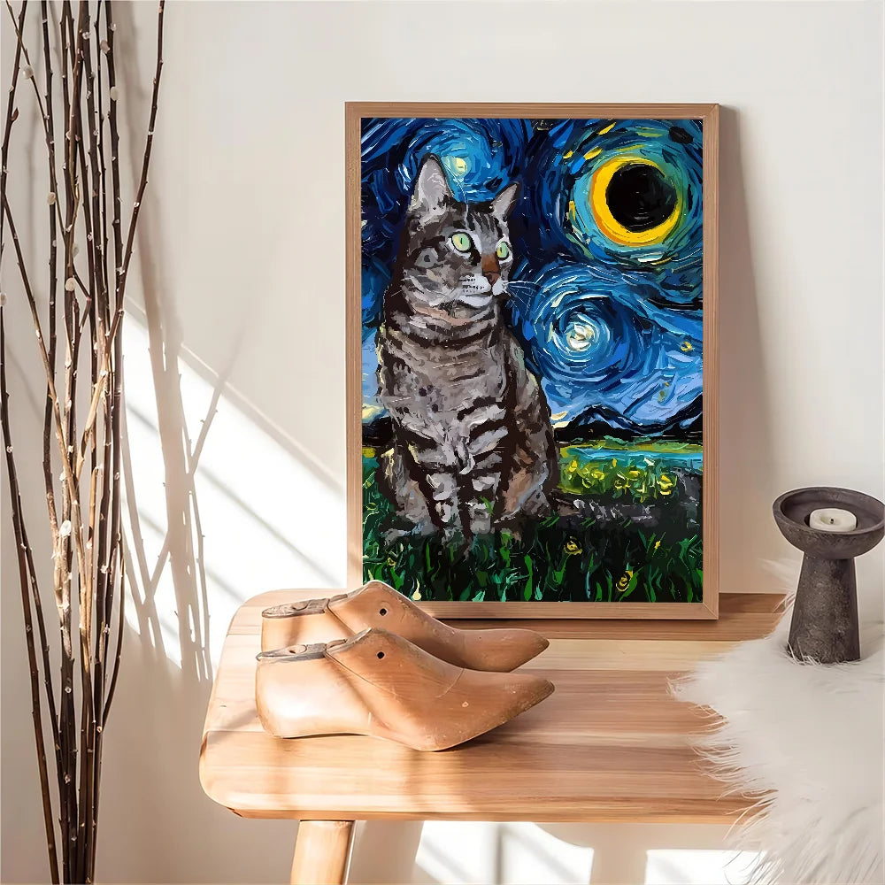 Van Gogh The Starry Night Romantic Black Cat WhitePaper Poster Sticker for Living Room Bar Decorants Aesthetic Art Wall Painting