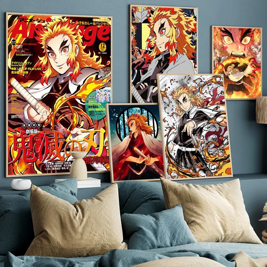 Póster de anime Demon Slayer R-Rengoku Kyoujurou, pósteres de anime, pósteres retro de arte de pared de calidad HD pegajosos para decoración de habitaciones kawaii del hogar