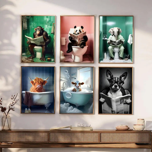 Chimpanzee Cat Dog giraffe Animal to Toilet Poster Home Furnishing Decoration Highend paper Poster Wall Study Home Living Room