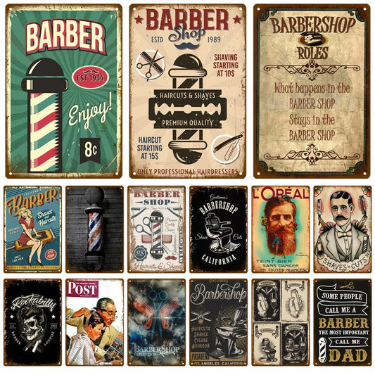 Cartel de metal vintage de BARBER SHOP, cartel de hojalata para cafetería, bar, pub, corte de pelo retro y afeitado de barba, placas de hierro impresas, decoración del hogar