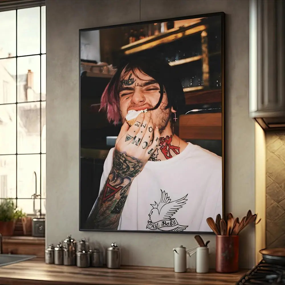 Rapper Singer Lil Peep Classic Anime WhitePaper Poster Sticker for Living Room Bar Decorants Aesthetic Art Wall Painting