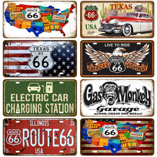 Garage Route 66 Tinplates Plate Tin Signs Poster Vintage Car Metal Sign Tinplate Retro Plaque Home Tire Shop Wall Art Decor Gas