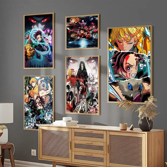 Anime Demon Slayer Self-adhesive Art Poster Fancy Wall Sticker for Living Room Bar Vintage Decorative Aesthetic Gaming Boy Room