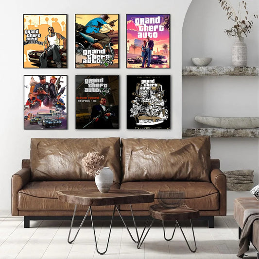 Game Grand Theft Auto Self-adhesive Art Poster Fancy Wall Sticker for Living Room Bar Decoration Vintage Decorative Painting