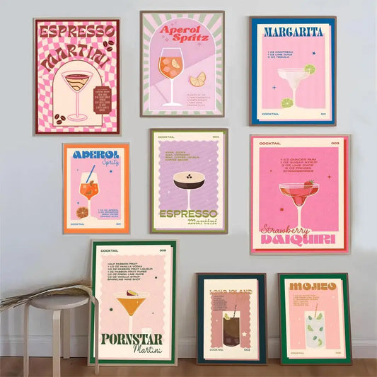 Pósteres de bebidas de cócteles coloridos, impresiones en papel Kraft, decoración de pared con arte vintage para cafetería, bar y hogar, pintura estética