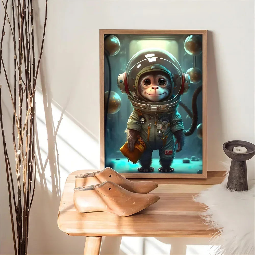 Póster autoadhesivo de dibujos animados de animales lindos, astronauta, espacio, impresiones en papel blanco, carteles, obras de arte, arte estético, pintura de pared