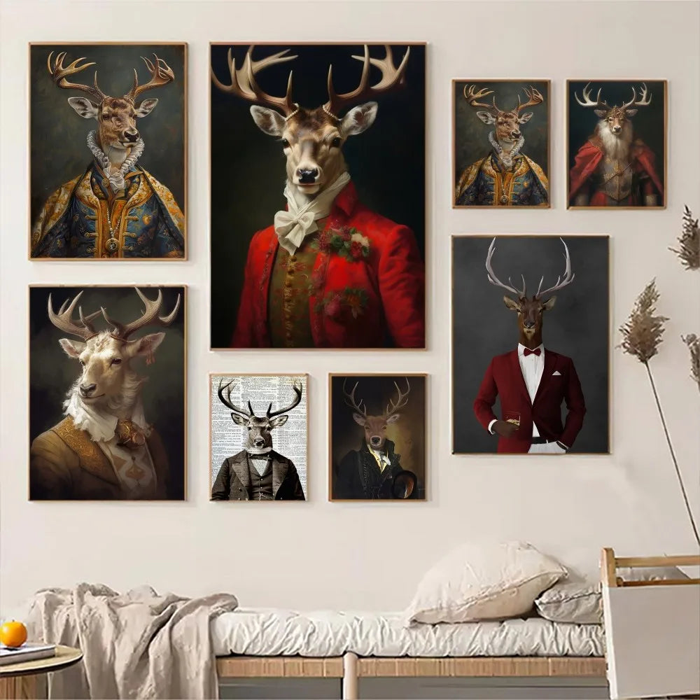 Victorian Renaissance Vintage Highland Stag with Whiskey Smoking Self-adhesive Art Poster Whitepaper Sticker DIY Room Bar Cafe