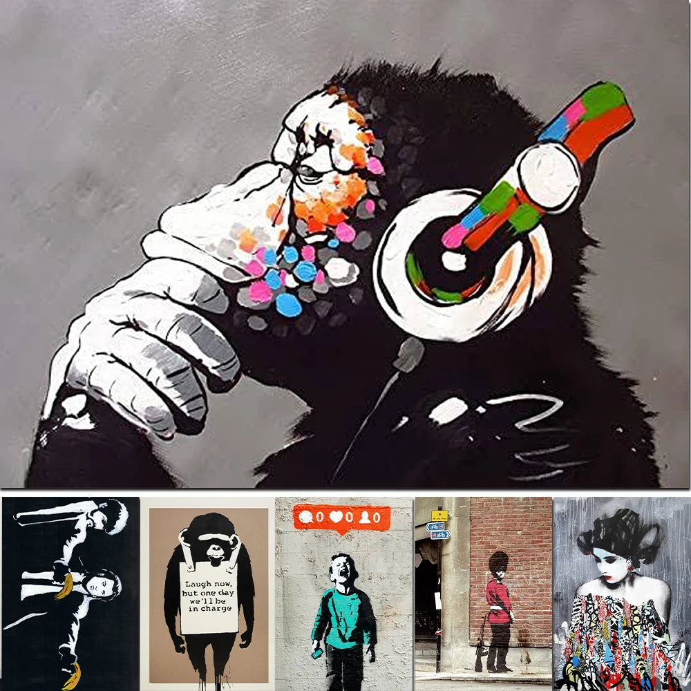 Póster de Banksy blanco con collage de grafitis callejeros y monos, pintura, póster e impresión, arte de pared, imágenes para la decoración del hogar y la sala de estar