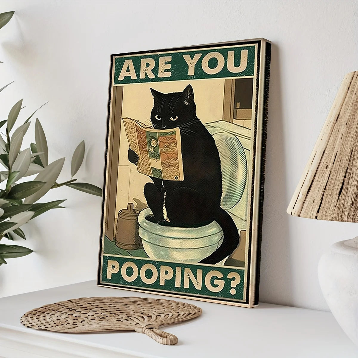 Cita artística: estás haciendo caca, gato negro, gatito, leyendo el periódico en el inodoro, póster divertido de animales, arte retro, decoración de sala de estar