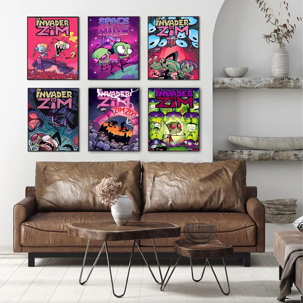 Póster de dibujos animados de I-Invader Z-Zim, pósteres de películas clásicas, pegatinas de papel impermeables, decoración de cafeterías y bares, pegatinas de pared artísticas