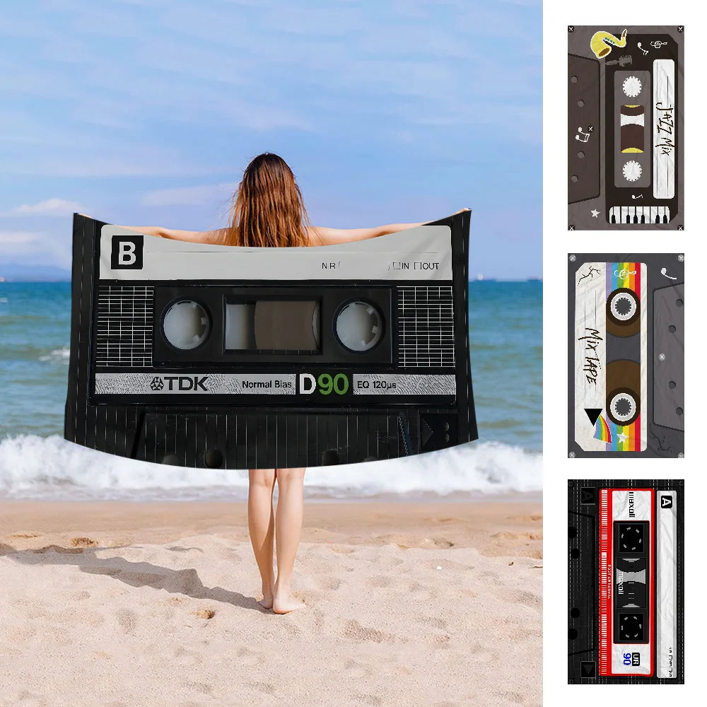 Retro Cassette Music Tape Towel Microfiber Beach Towel Absorbent Quick dry Soft Yoga Swimming Resort Mountain Climbing Towel