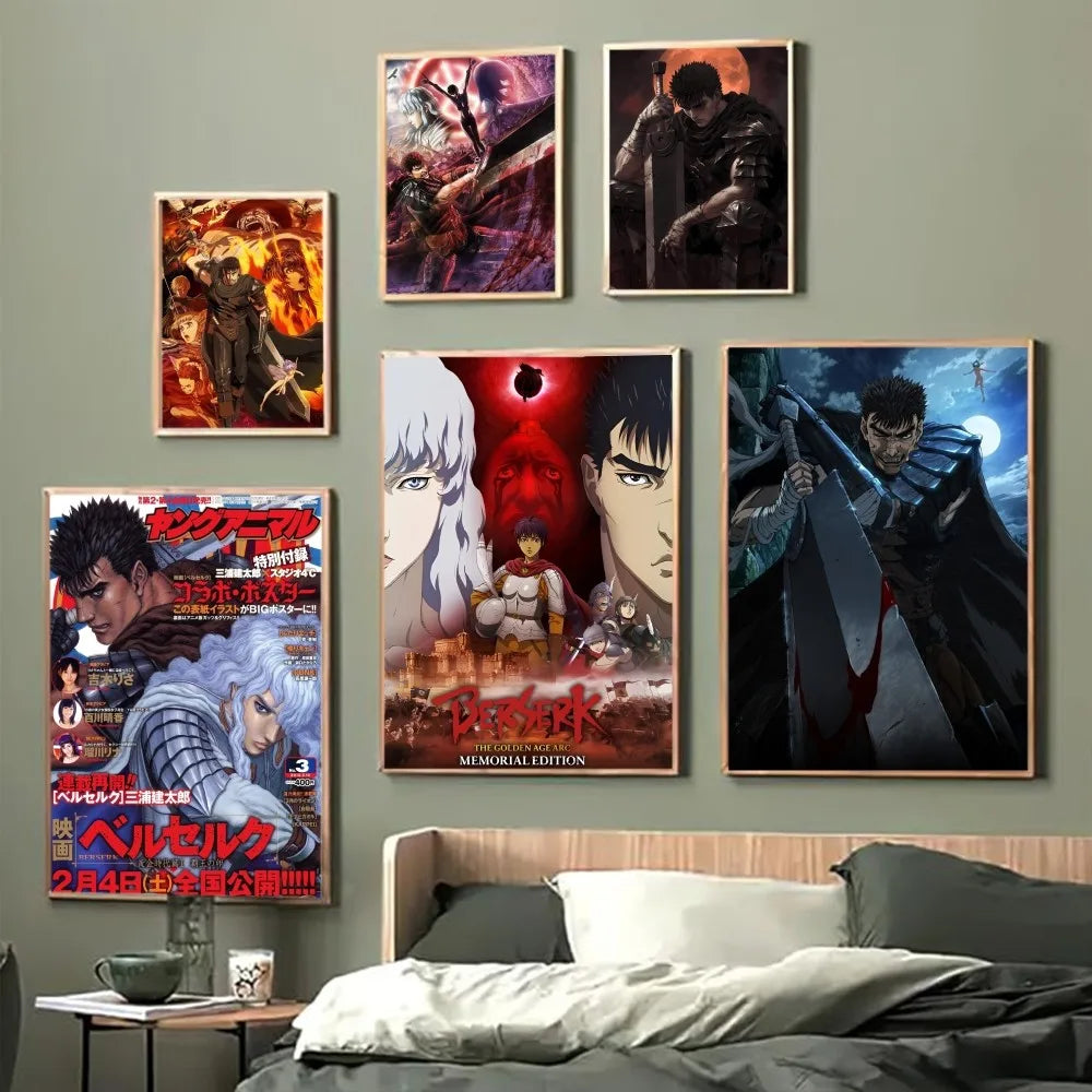 Póster de anime japonés Berserk, clásico, resistente al agua, adhesivo de papel, decoración de pared para cafetería, bar y habitación