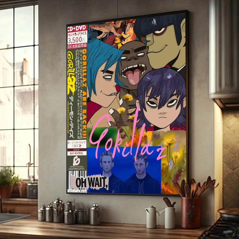 Póster de música retro de Gorillaz de buena calidad, póster de papel Kraft de alta gama, pintura artística para pared, estudio, hogar, sala de estar, imagen decorativa