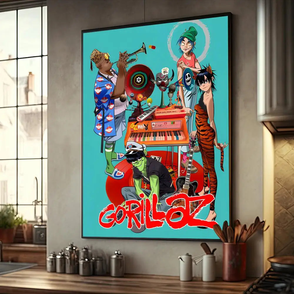 Póster de música retro de Gorillaz de buena calidad, póster de papel Kraft de alta gama, pintura artística para pared, estudio, hogar, sala de estar, imagen decorativa