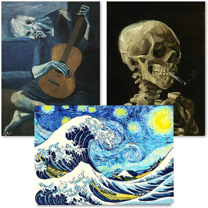 3Pcs Posters: Vincent Van Gogh Skeleton + The Old Guitarist by Pablo Picasso + The Great Wave Off Kanagawa by Katsushika Hokusai