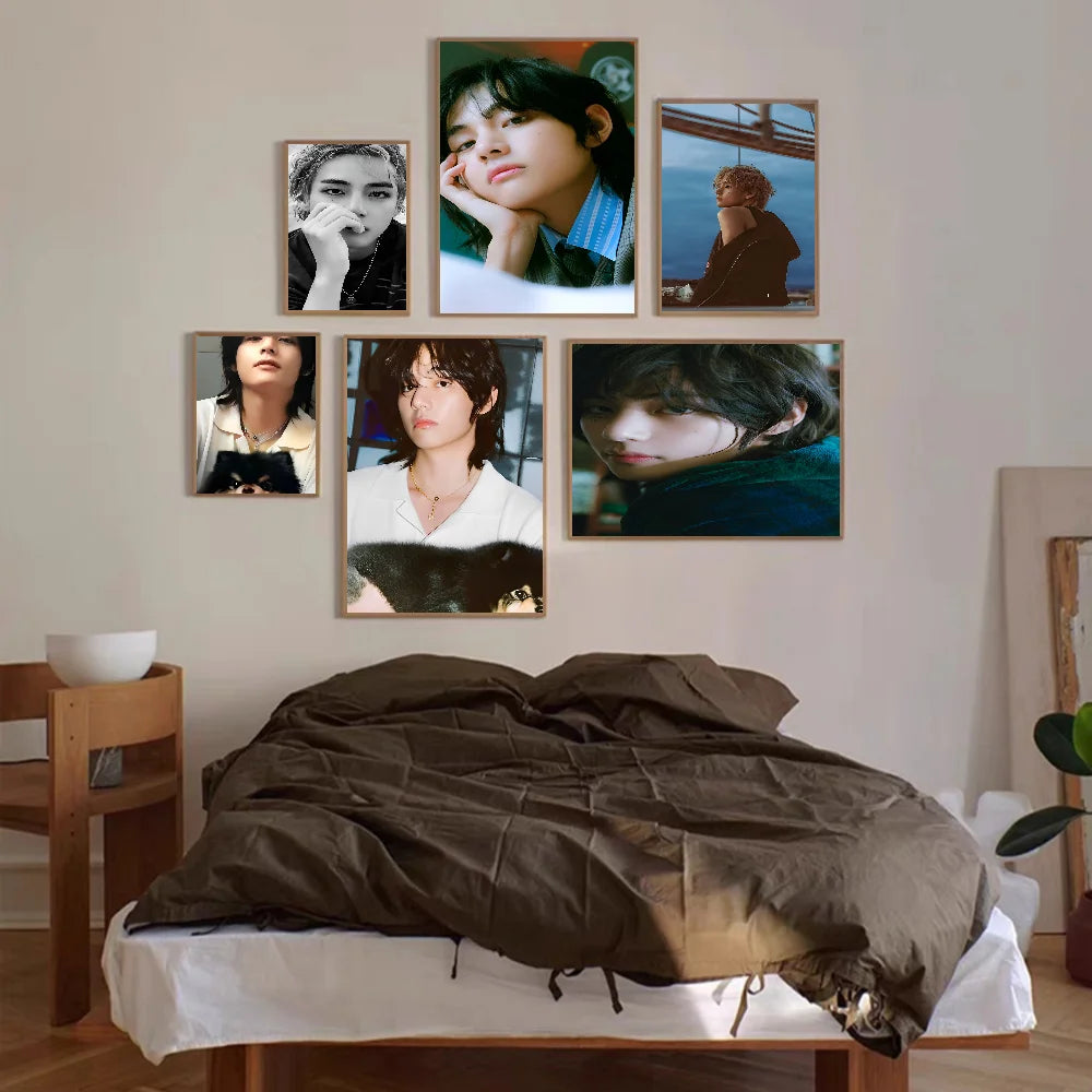 Pósteres de películas clásicas de escala de Kim Tae Hyung V de Kpop, papel blanco, pegatinas, bricolaje, habitación, bar, cafetería, arte estético, pintura de pared